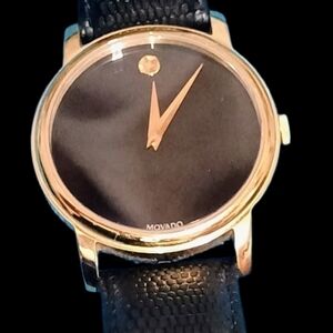 Movado Gold-Tone Case with Black Textured Leather Strap Watch